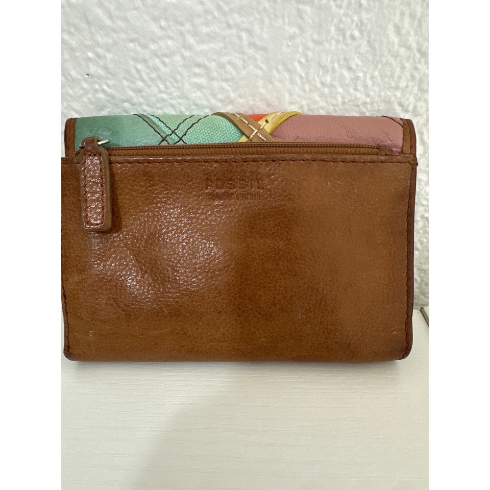 Fossil Leather Patchwork Wallet Trifold Multicolor Small Vintage Style - Picture 3 of 6